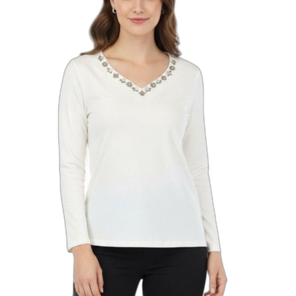 Lark Lane Women's Off White Beaded Detail V-Neck 3/4 Sleeve T-Shirt Top Size 1X